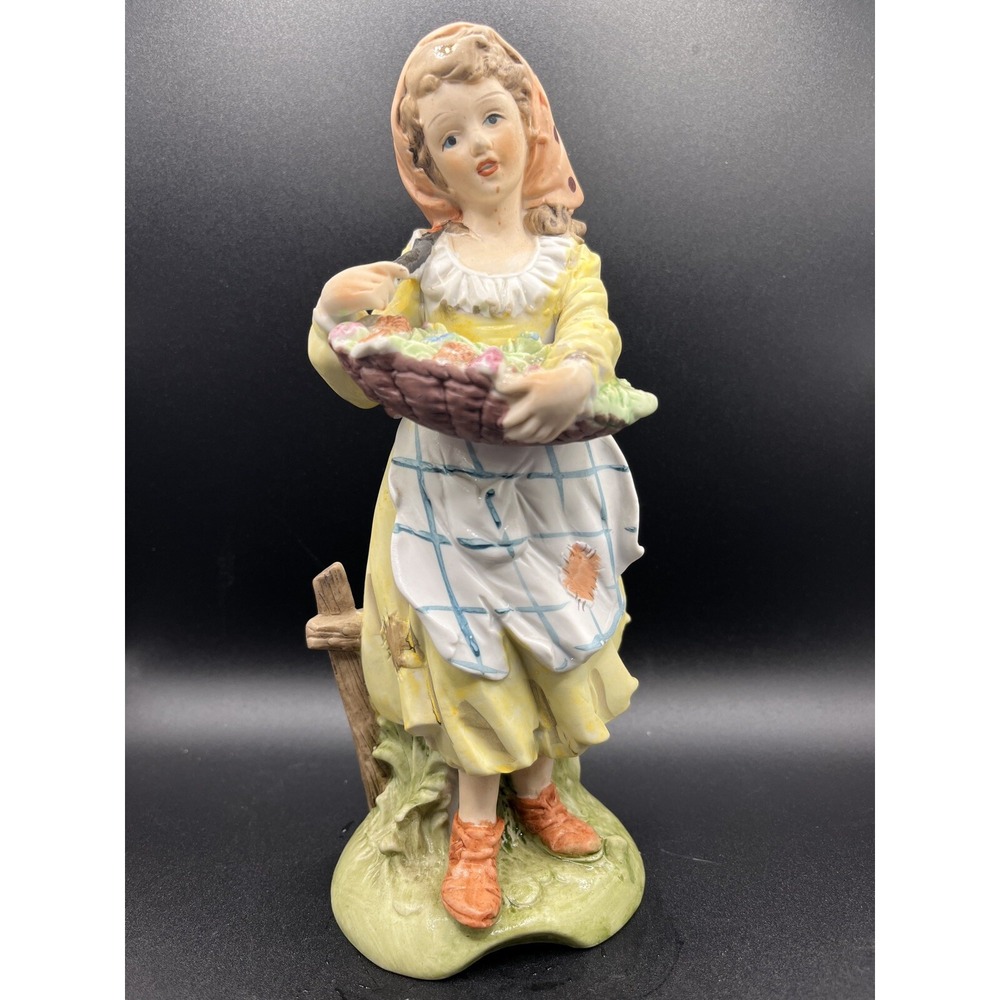 Vtg. Brinns Bisque‎ Porcelain Figurine Girl w/ Flowers 8.5" Tall - Capodimonte